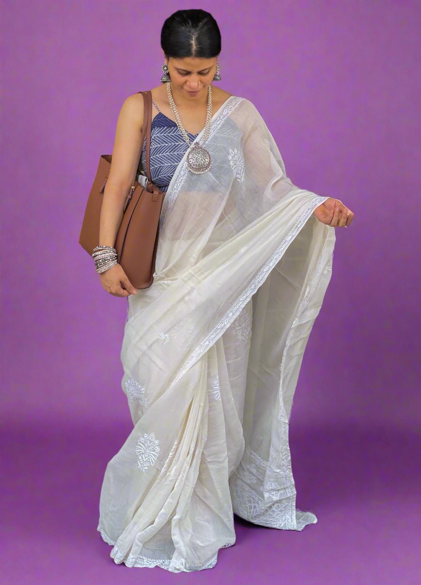 Handembroidered  Chikanakri  Pure Muslin Saree