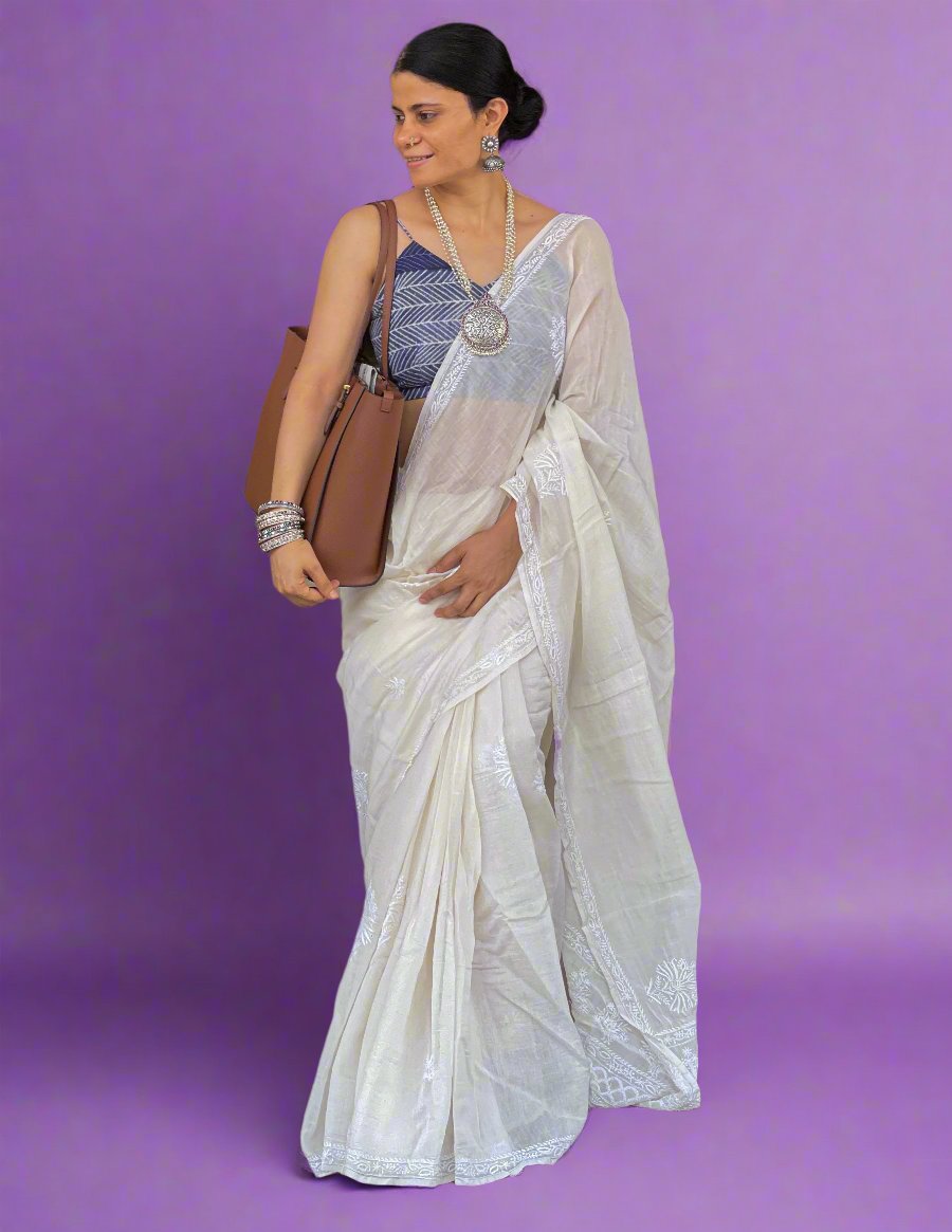 Handembroidered  Chikanakri  Pure Muslin Saree