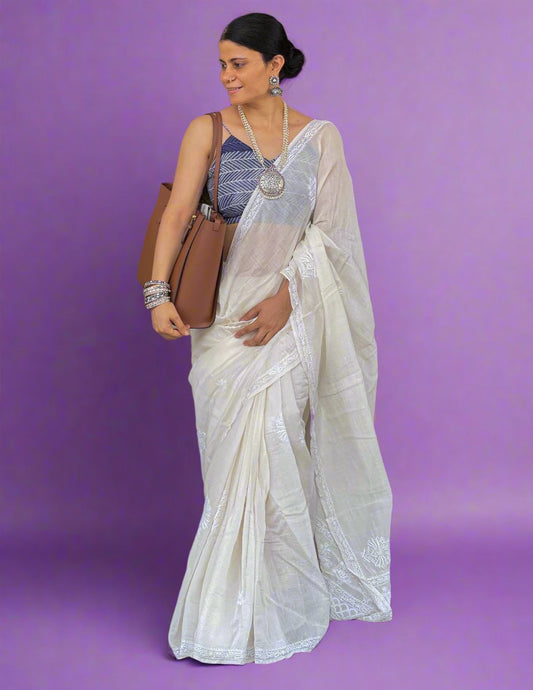 Handembroidered  Chikanakri  Pure Muslin Saree