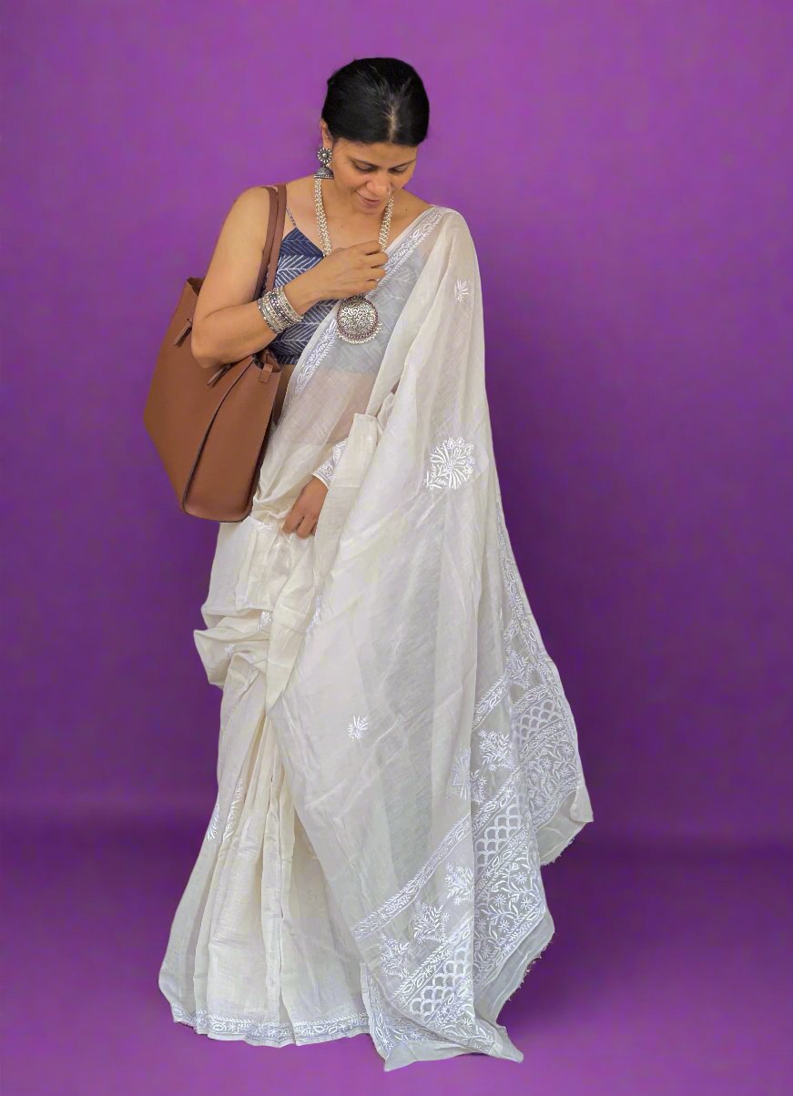 Handembroidered  Chikanakri  Pure Muslin Saree