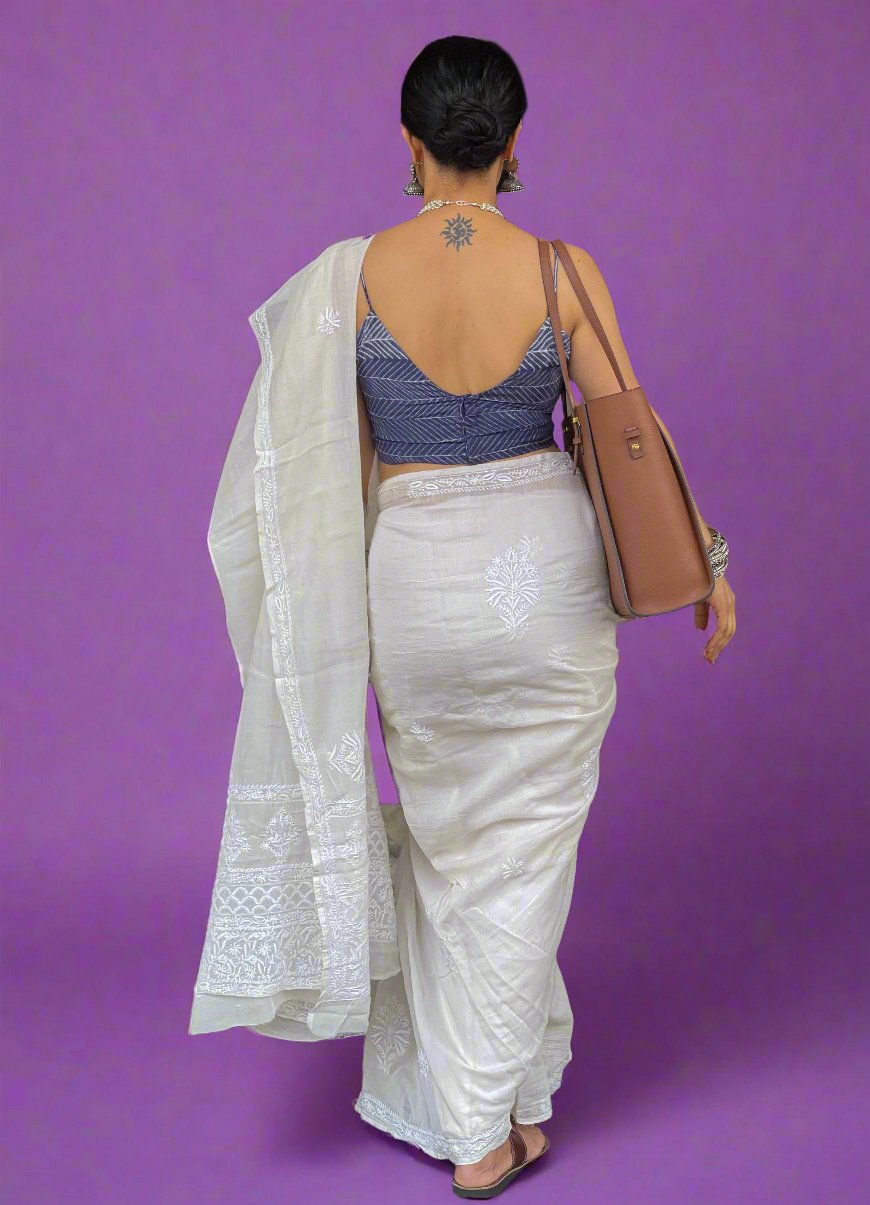 Handembroidered  Chikanakri  Pure Muslin Saree