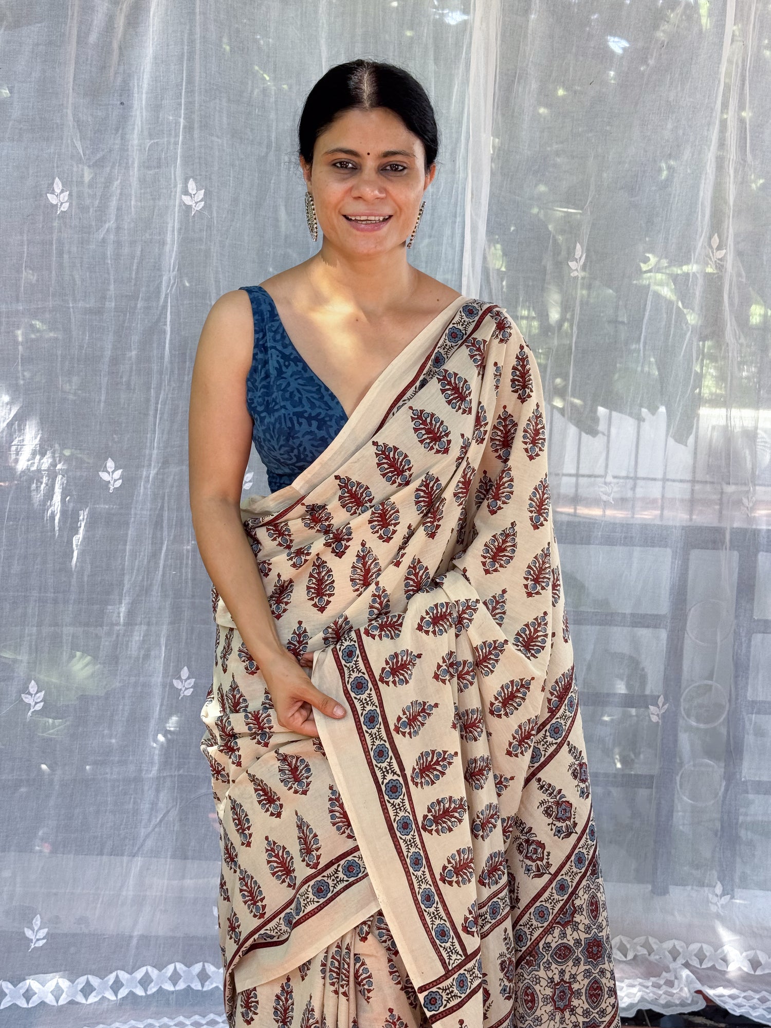 Handmade & Handblock Printed Natural Dyed Ajrakh Mull Cotton Saree.