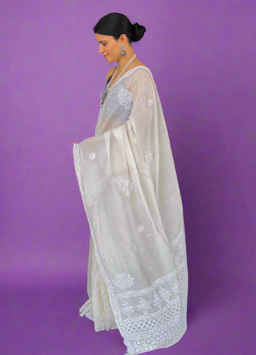 Handembroidered  Chikanakri  Pure Muslin Saree