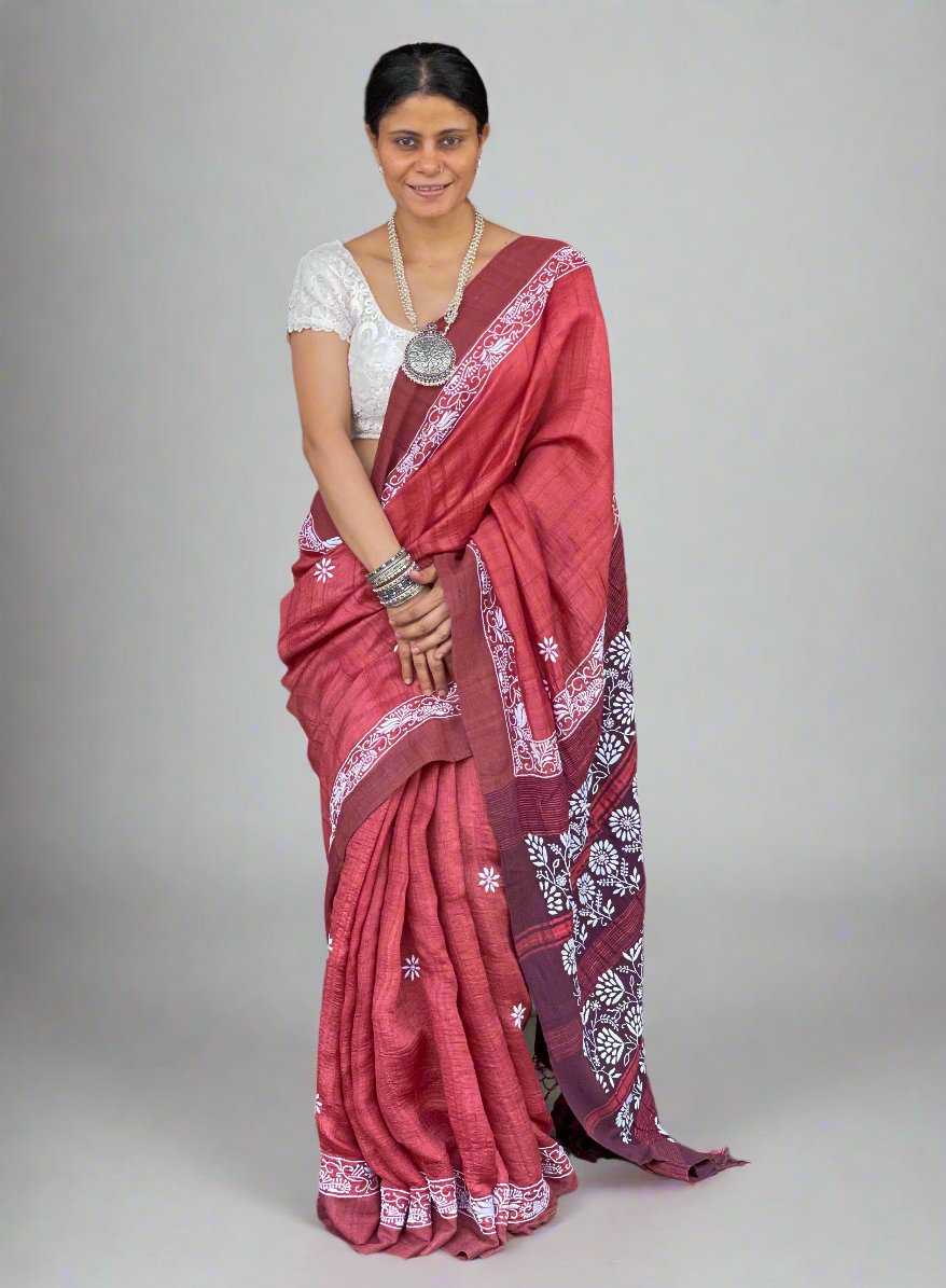 Pure handloom Tussar silk saree with intricate hand embroidered chikankari in skirt border