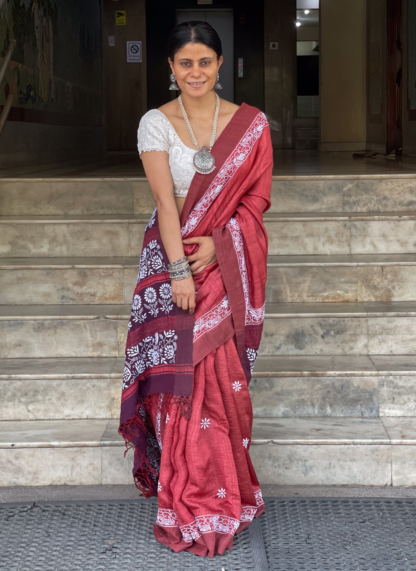 Pure handloom Tussar silk saree with intricate hand embroidered chikankari in skirt border