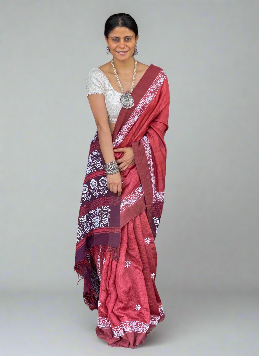 Pure handloom Tussar silk saree with intricate hand embroidered chikankari in skirt border