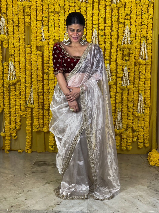 Zardosi and sequence and Beads Hand Embroidered Handloom Tissue Silk Saree