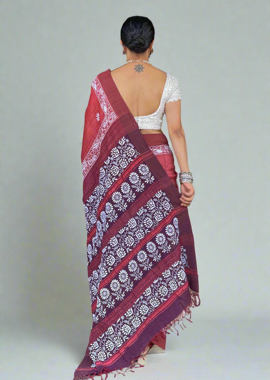 Pure handloom Tussar silk saree with intricate hand embroidered chikankari in skirt border