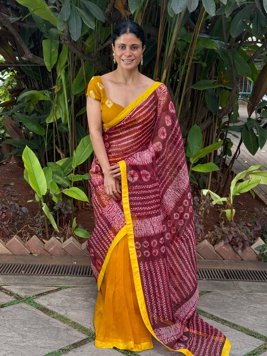 Handloom Organza Silk Saree in Handmade Ori Nui Shibori With Mulberry Silk Borders.