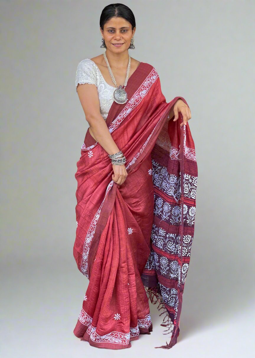 Pure handloom Tussar silk saree with intricate hand embroidered chikankari in skirt border