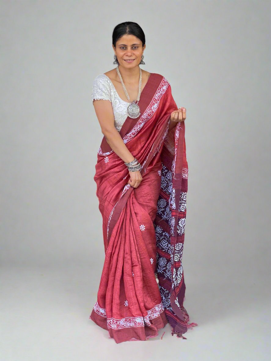 Pure handloom Tussar silk saree with intricate hand embroidered chikankari in skirt border