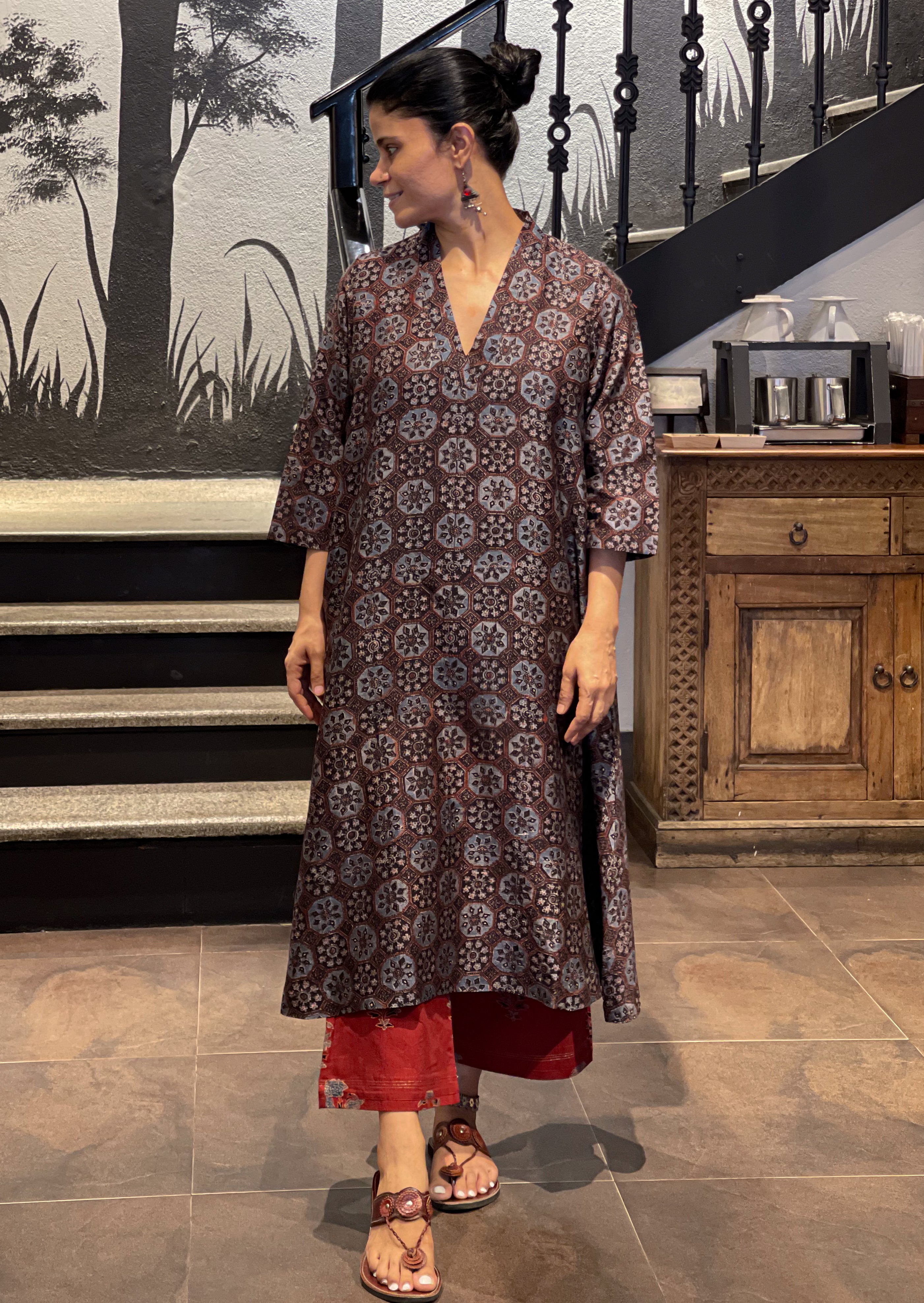 Brown - Hand Block Print Chanderi Silk Natural Dyed Ajrakh 2pc Unstitched Dress Material 06