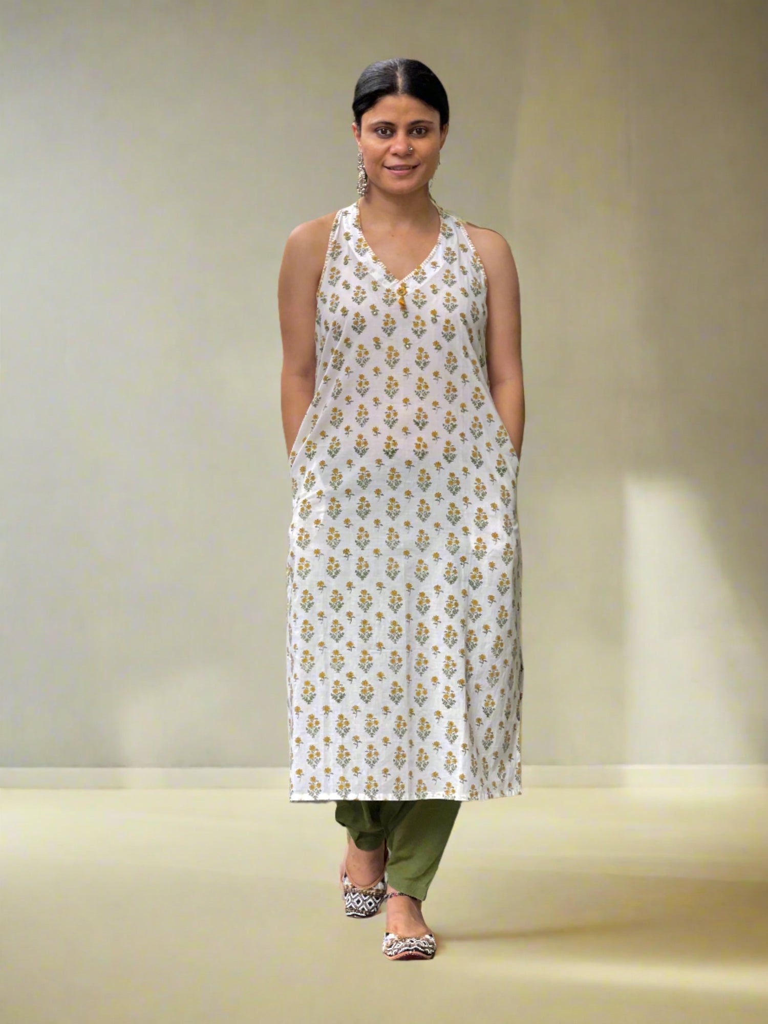 Handblock printed & Hand embroidered Kurta