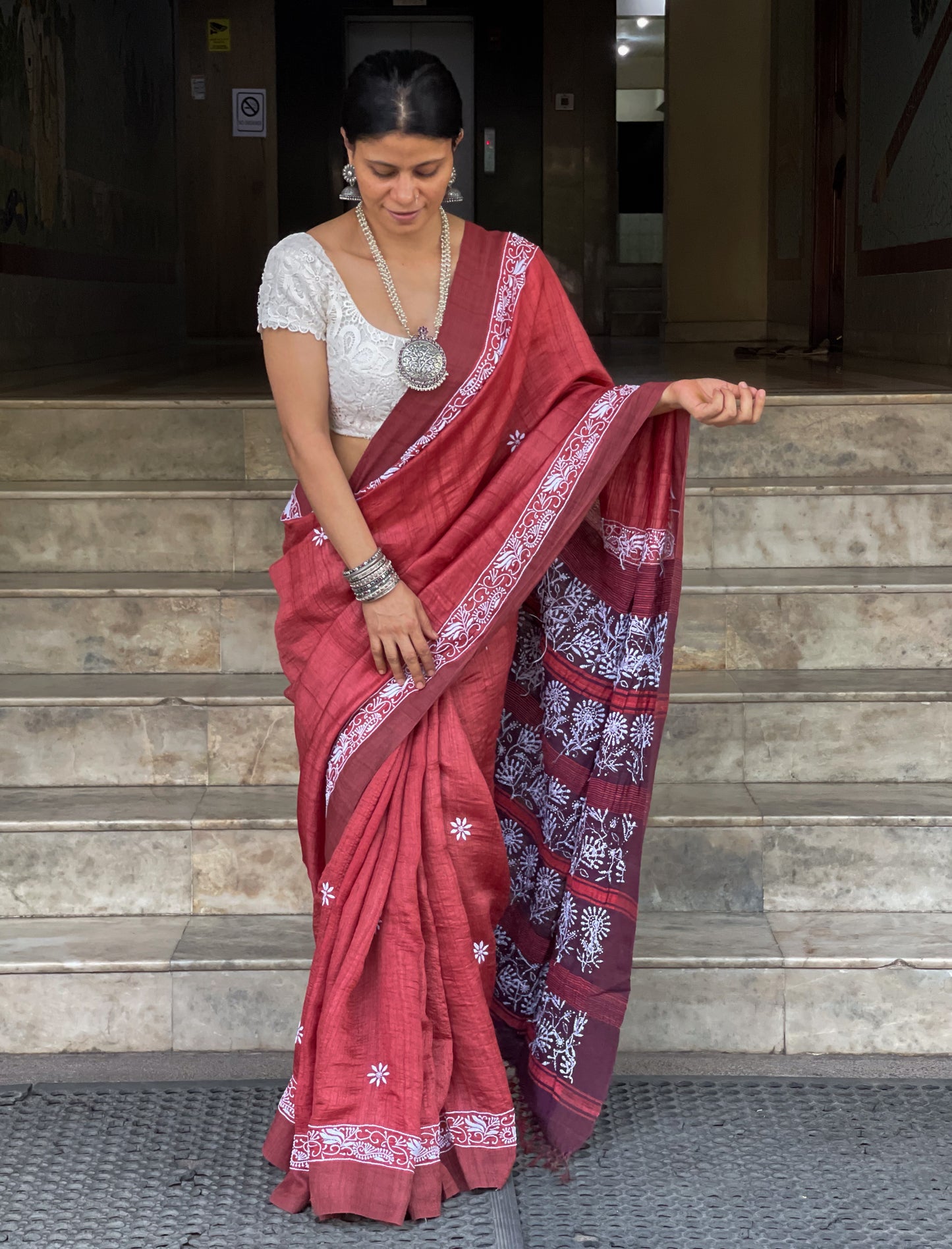 Pure handloom Tussar silk saree with intricate hand embroidered chikankari in skirt border