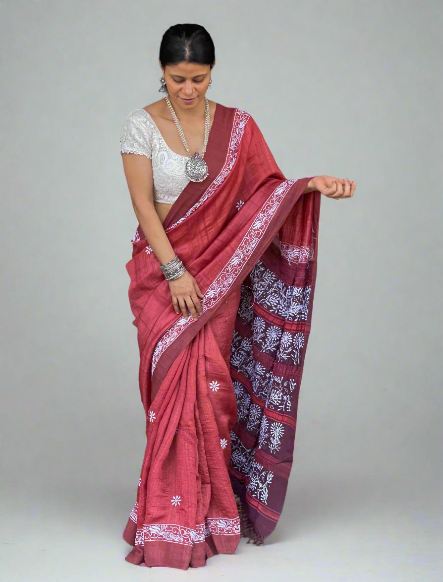 Pure handloom Tussar silk saree with intricate hand embroidered chikankari in skirt border