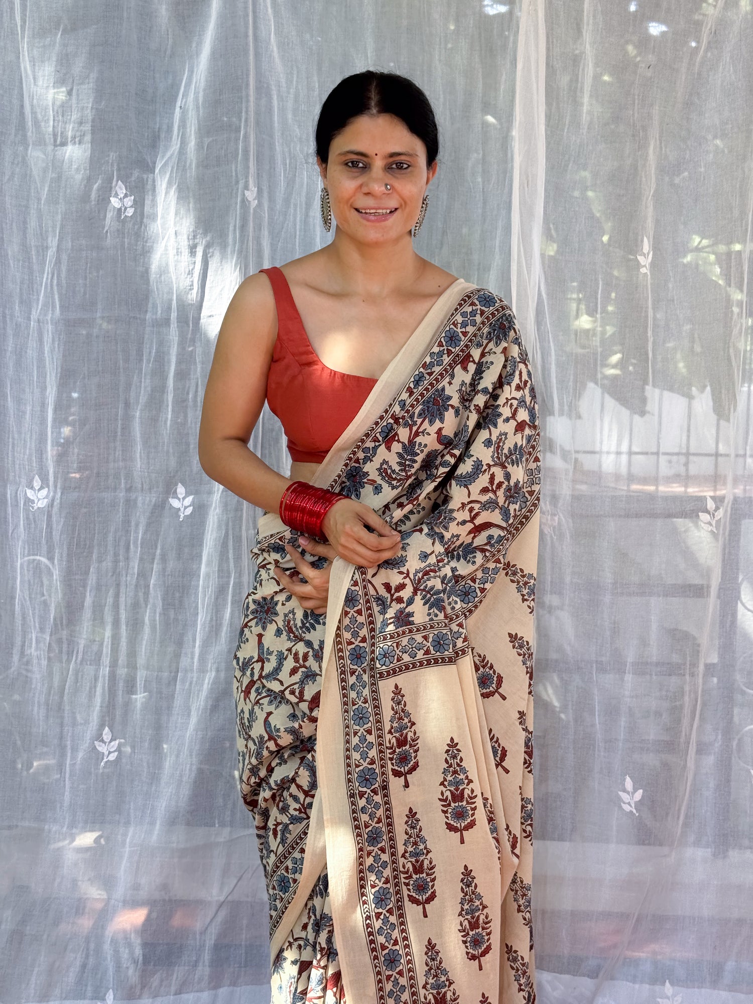 Handmade & Handblock Printed Natural Dyed Ajrakh Mull Cotton Saree.