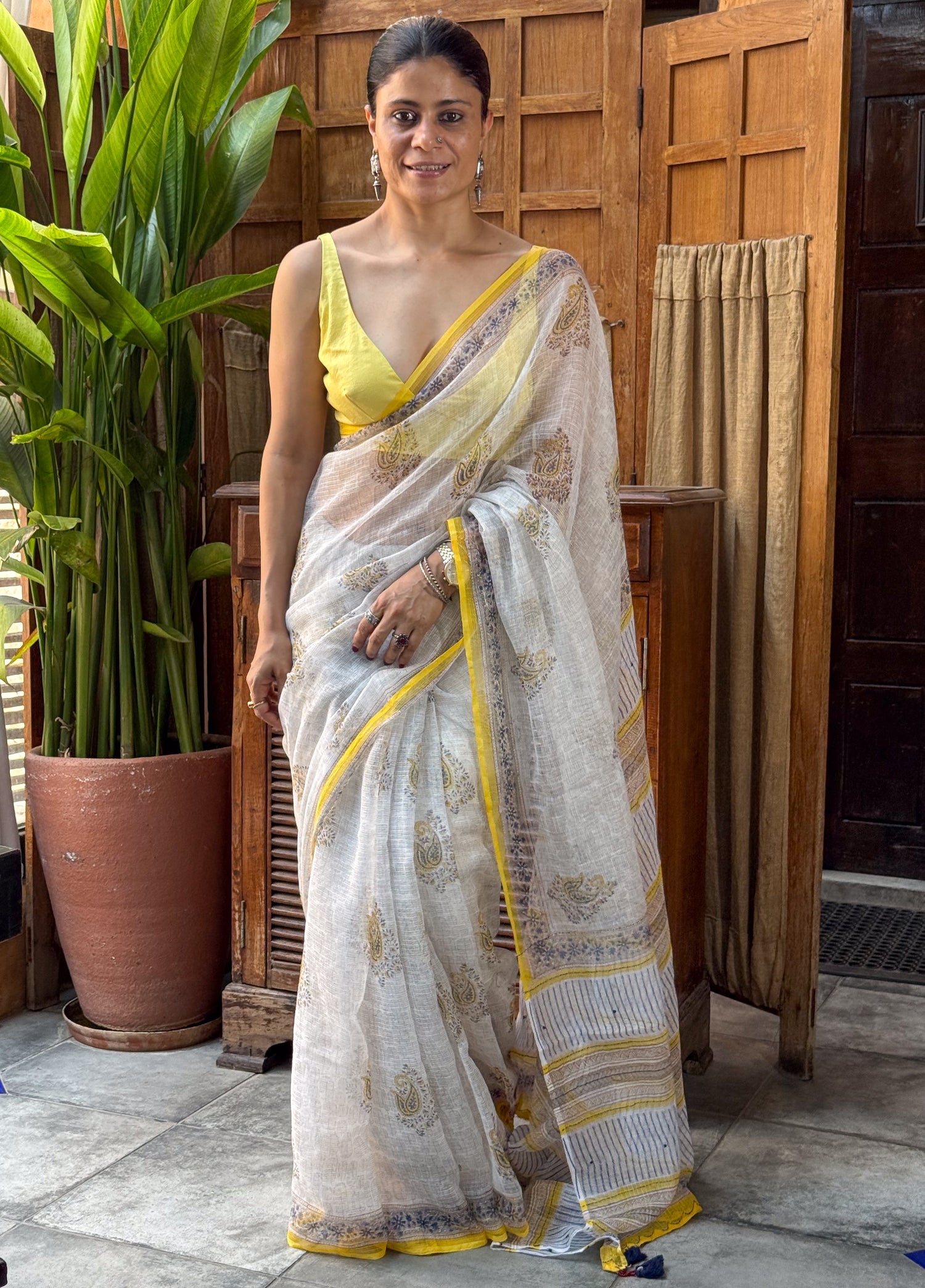 Handblock Printed Kota Dorai Saree With Hand Embroidered Running Stitch.