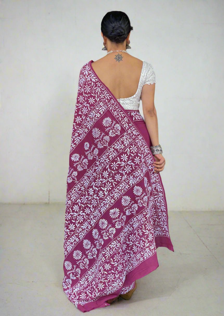 Handloom &  Handembroidered  Chikanakri  Pure Kala Cotton Saree