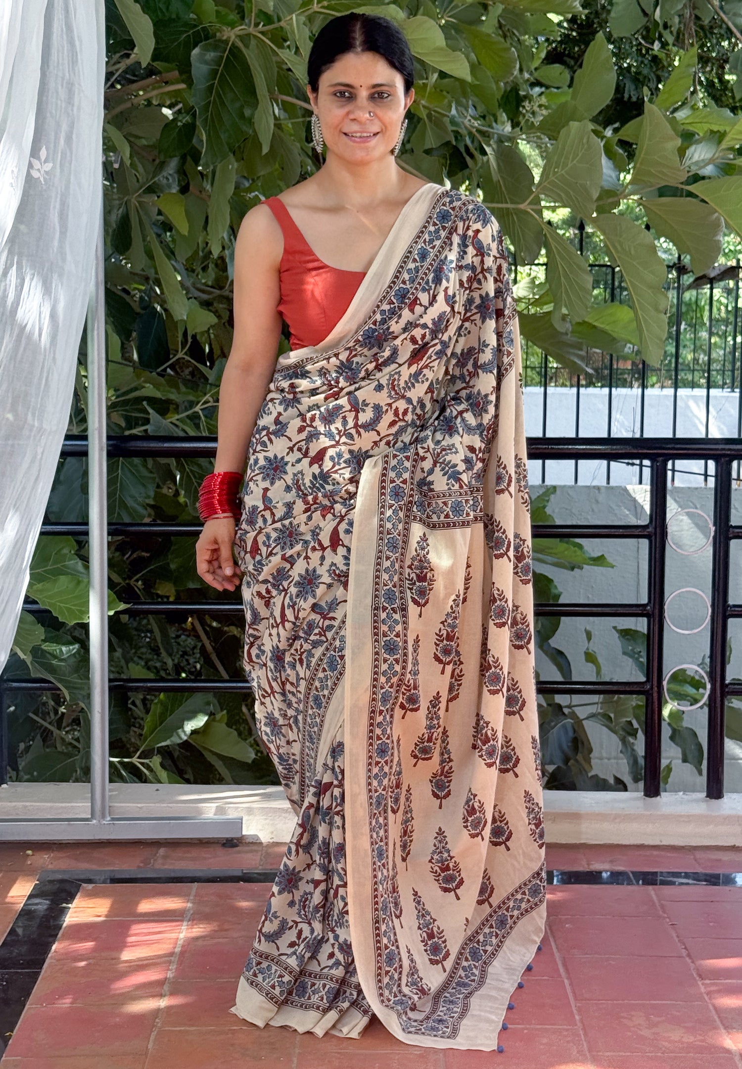 Handmade & Handblock Printed Natural Dyed Ajrakh Mull Cotton Saree.
