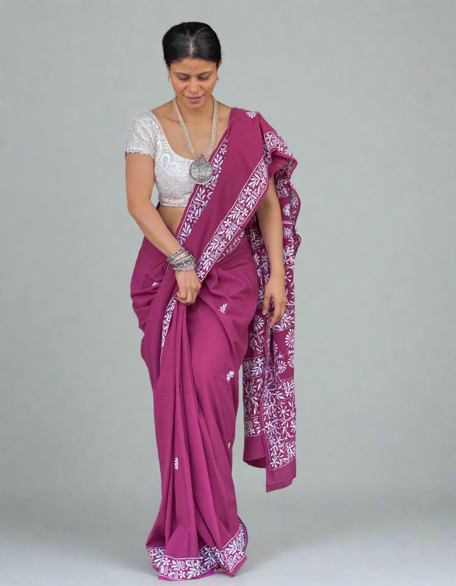 Handloom &  Handembroidered  Chikanakri  Pure Kala Cotton Saree
