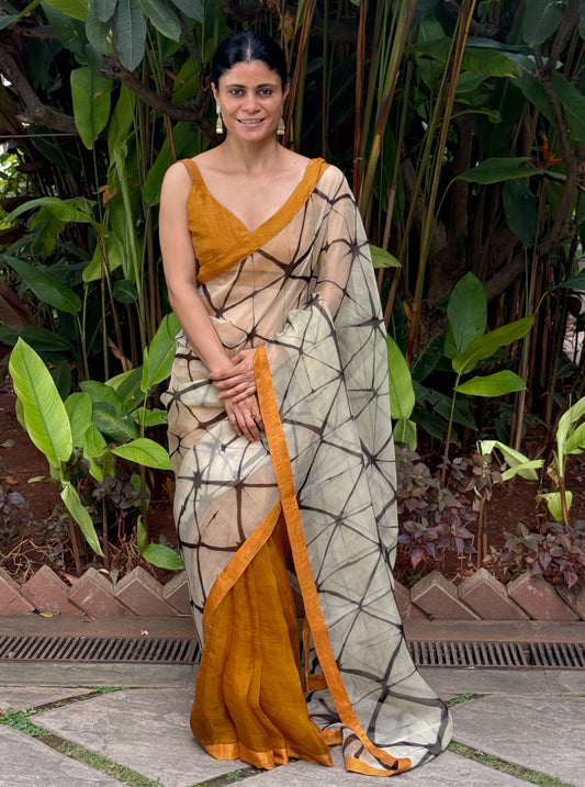 Handloom Organza Silk Saree in Handmade Itajime Shibori With Mulberry Silk Borders.