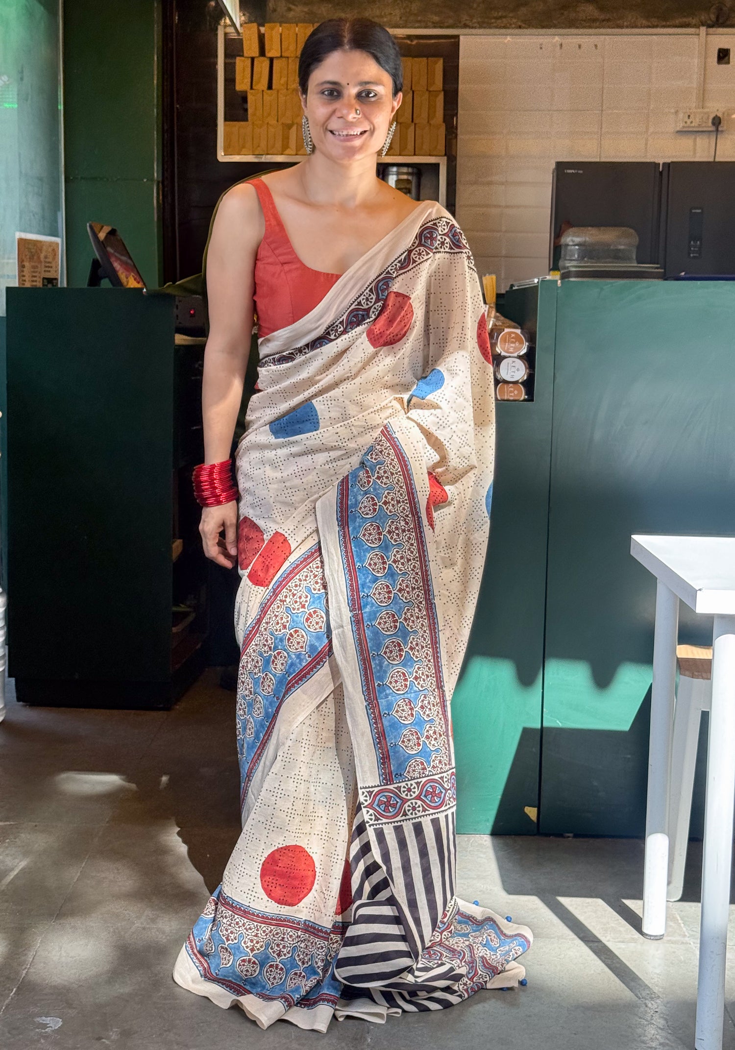 Handmade & Handblock Printed Natural Dyed Ajrakh Mull Cotton Saree.