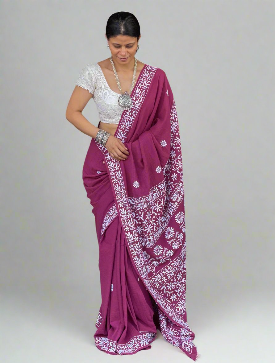 Handloom &  Handembroidered  Chikanakri  Pure Kala Cotton Saree