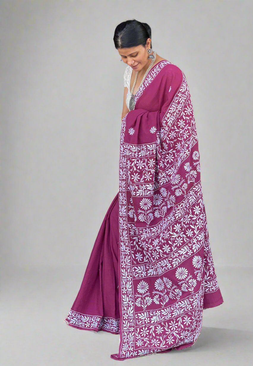 Handloom &  Handembroidered  Chikanakri  Pure Kala Cotton Saree