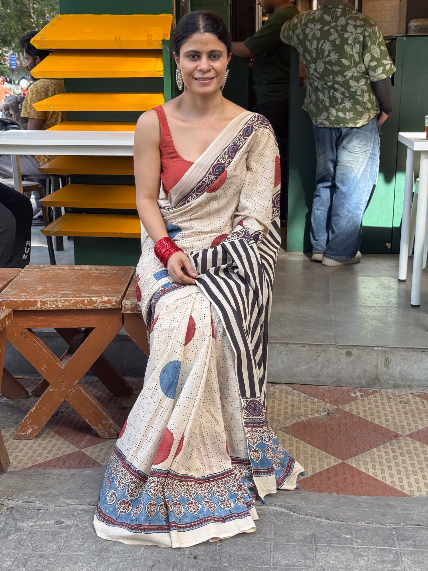 Handmade & Handblock Printed Natural Dyed Ajrakh Mull Cotton Saree.