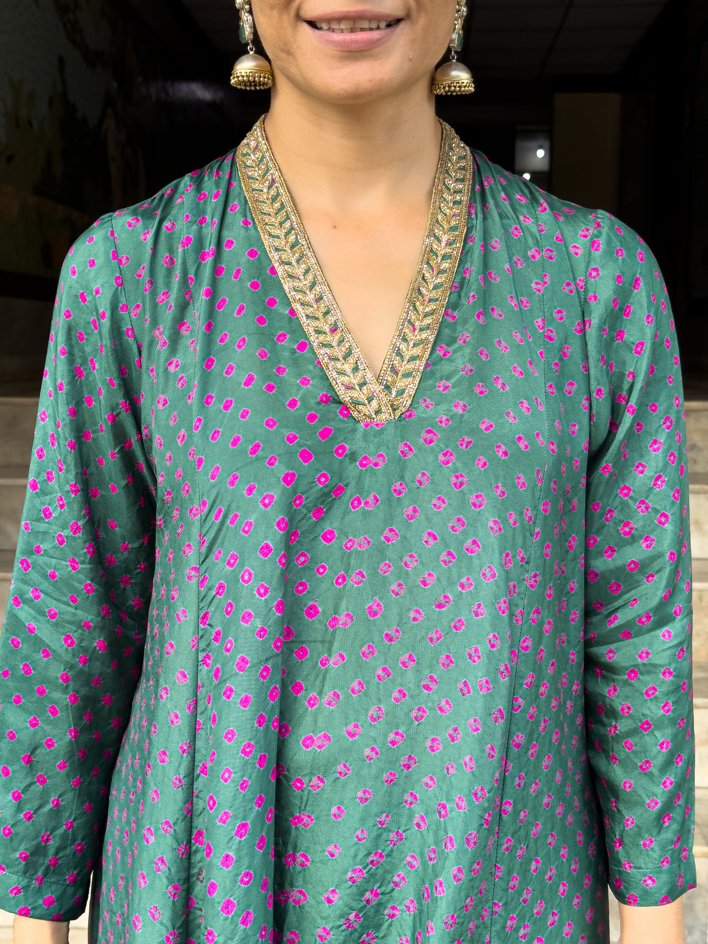 Handmade & Handembroidered Bandhini Silk Kurta set