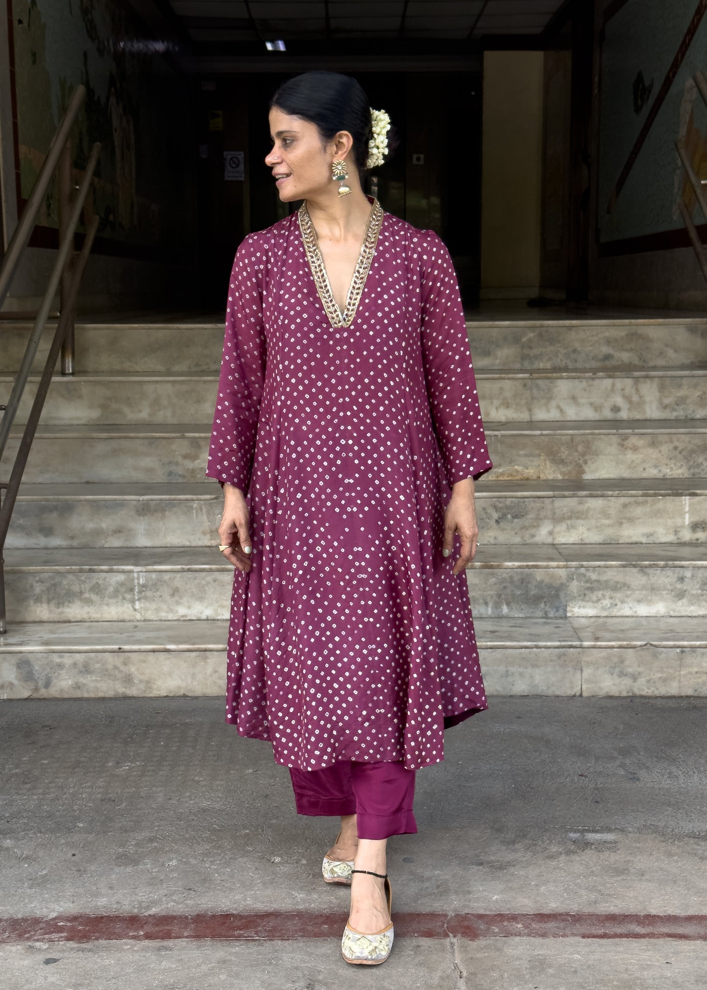 Handmade & Handembroidered Bandhini Silk Kurta set