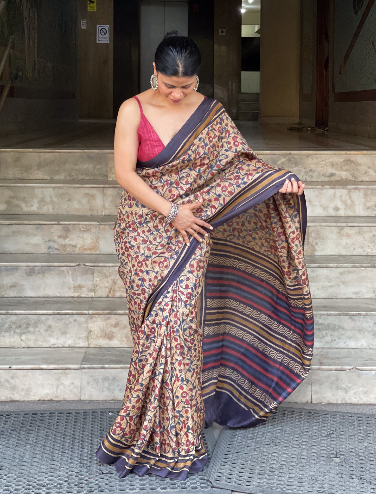 Natural Dyed Handblock Printed Tussar Silk  Saree