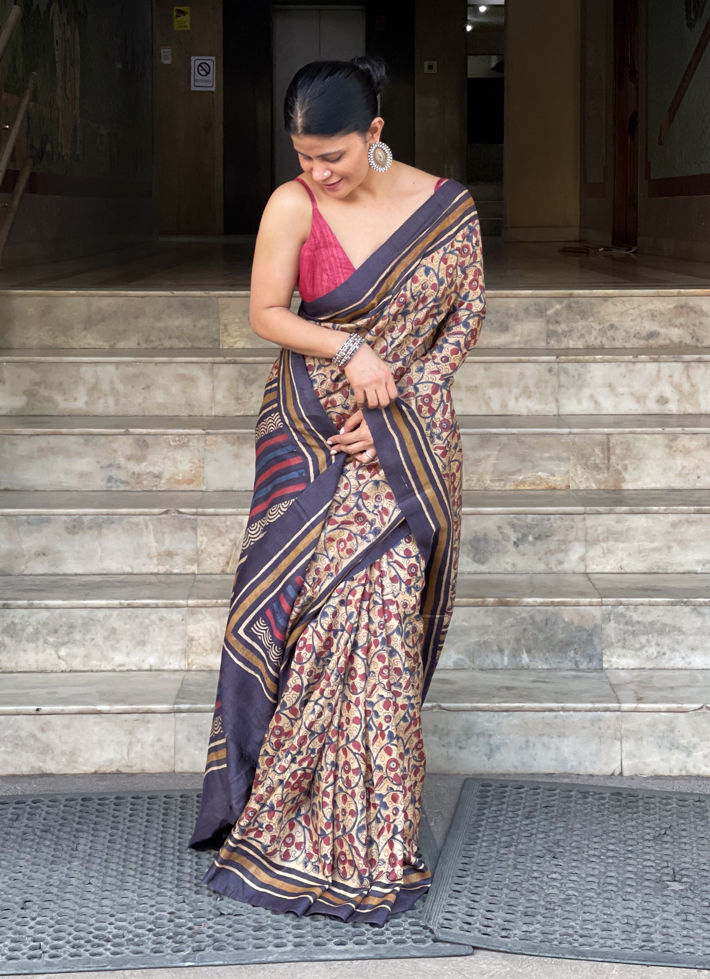 Natural Dyed Handblock Printed Tussar Silk  Saree