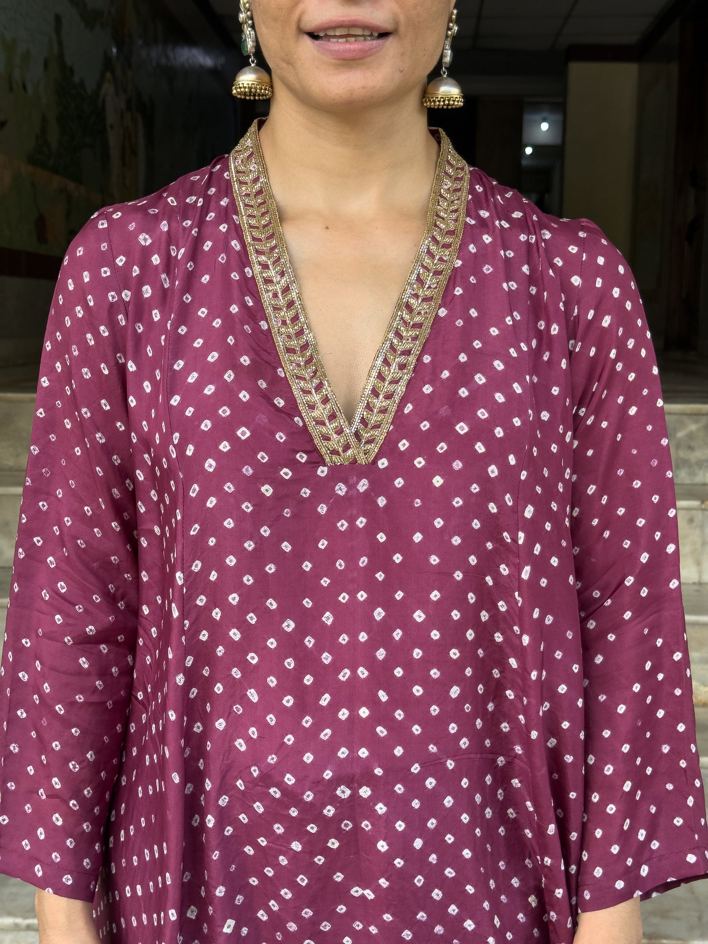 Handmade & Handembroidered Bandhini Silk Kurta set