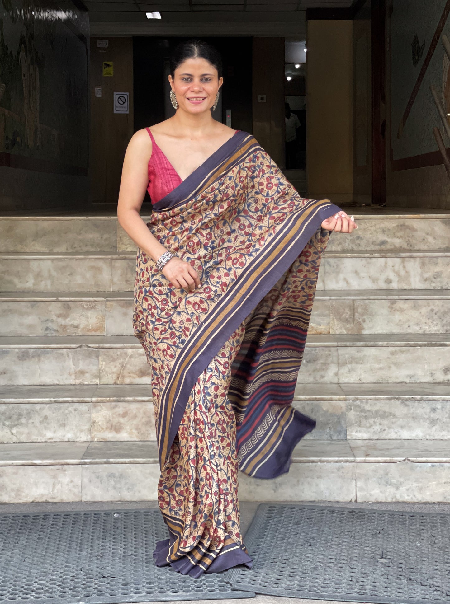 Natural Dyed Handblock Printed Tussar Silk  Saree