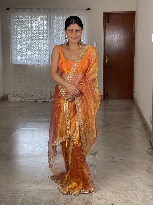 Zardosi and Sequence and Beads Hand Embroidered Handloom Tissue Silk Saree