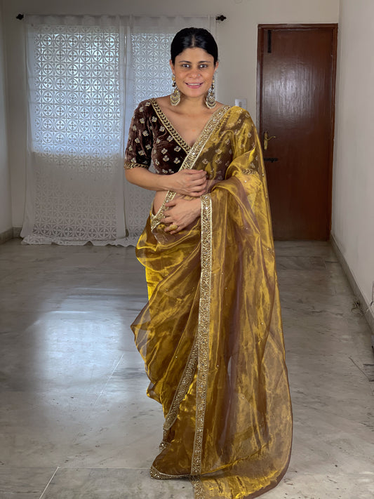 Zardosi and sequence and Beads Hand Embroidered Handloom Tissue Silk Saree