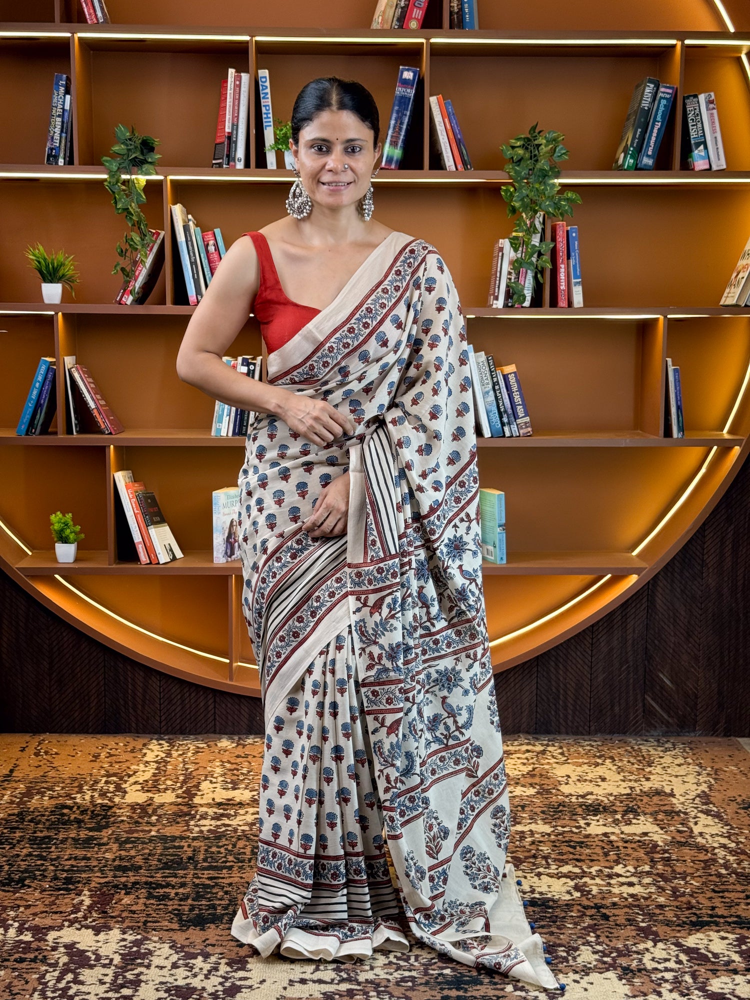 Handmade & Handblock Printed Natural Dyed Ajrakh Mull Cotton Saree.