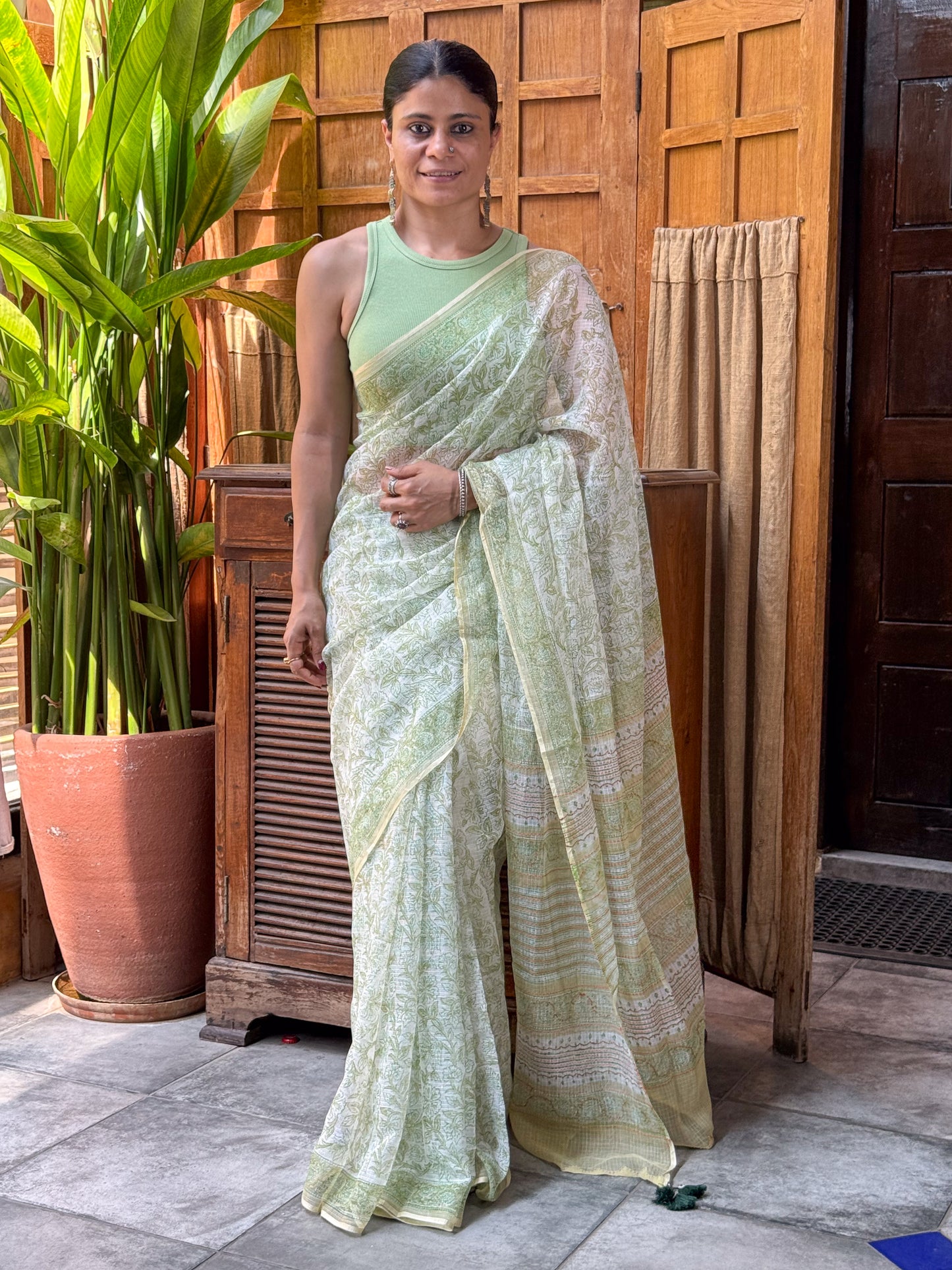 Handblock Printed Kota Dorai Saree With Hand Embroidered Running Stitch.