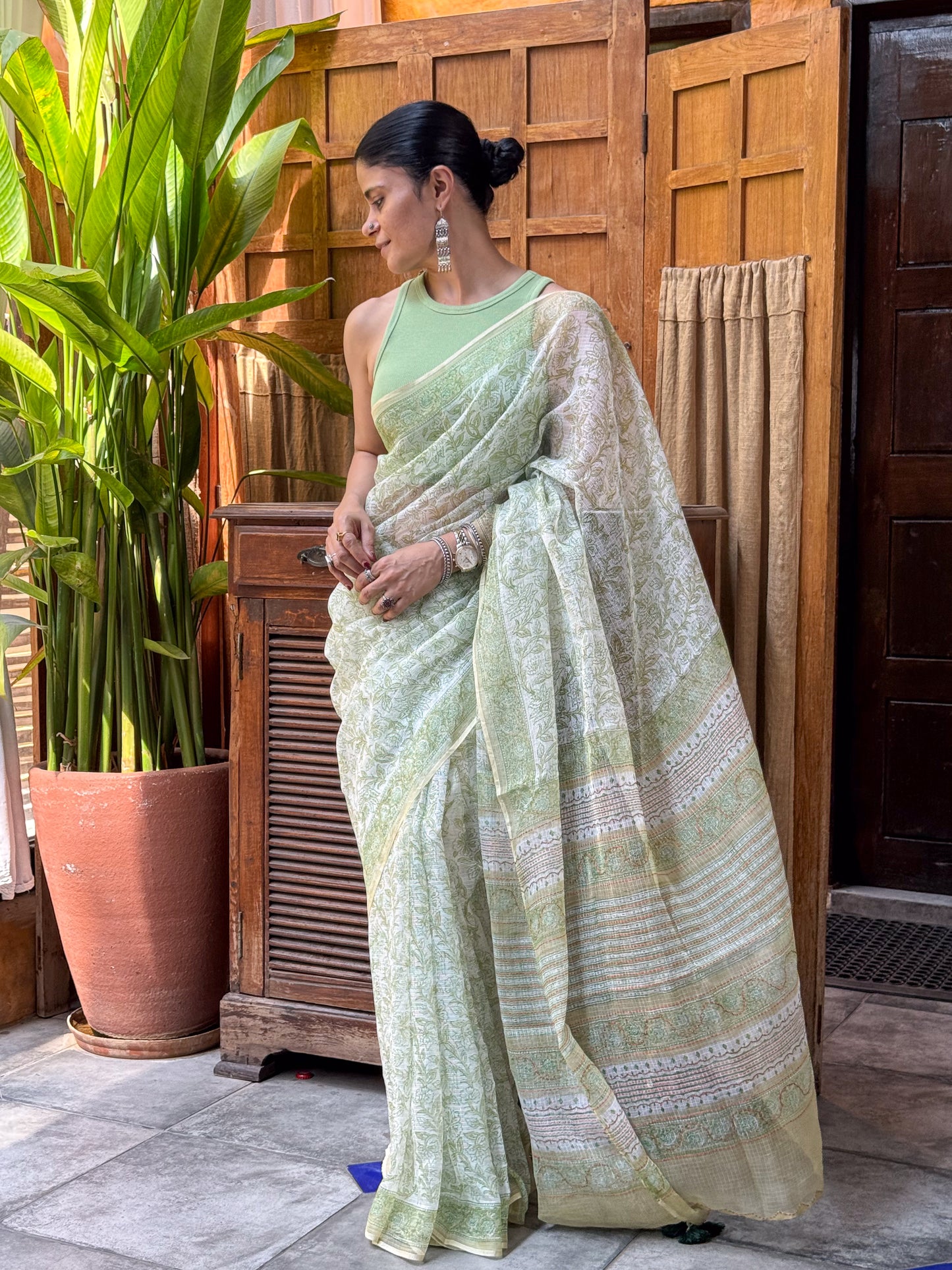 Handblock Printed Kota Dorai Saree With Hand Embroidered Running Stitch.