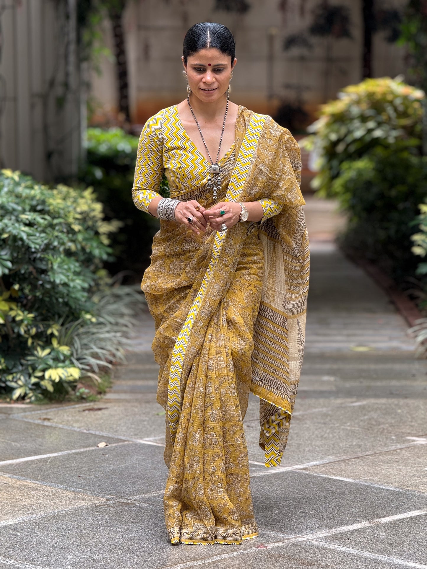 Handmade Natural Dyed Handblock Bagru / Dabu Printed Kota Doria Saree With Dabu Patch Border.