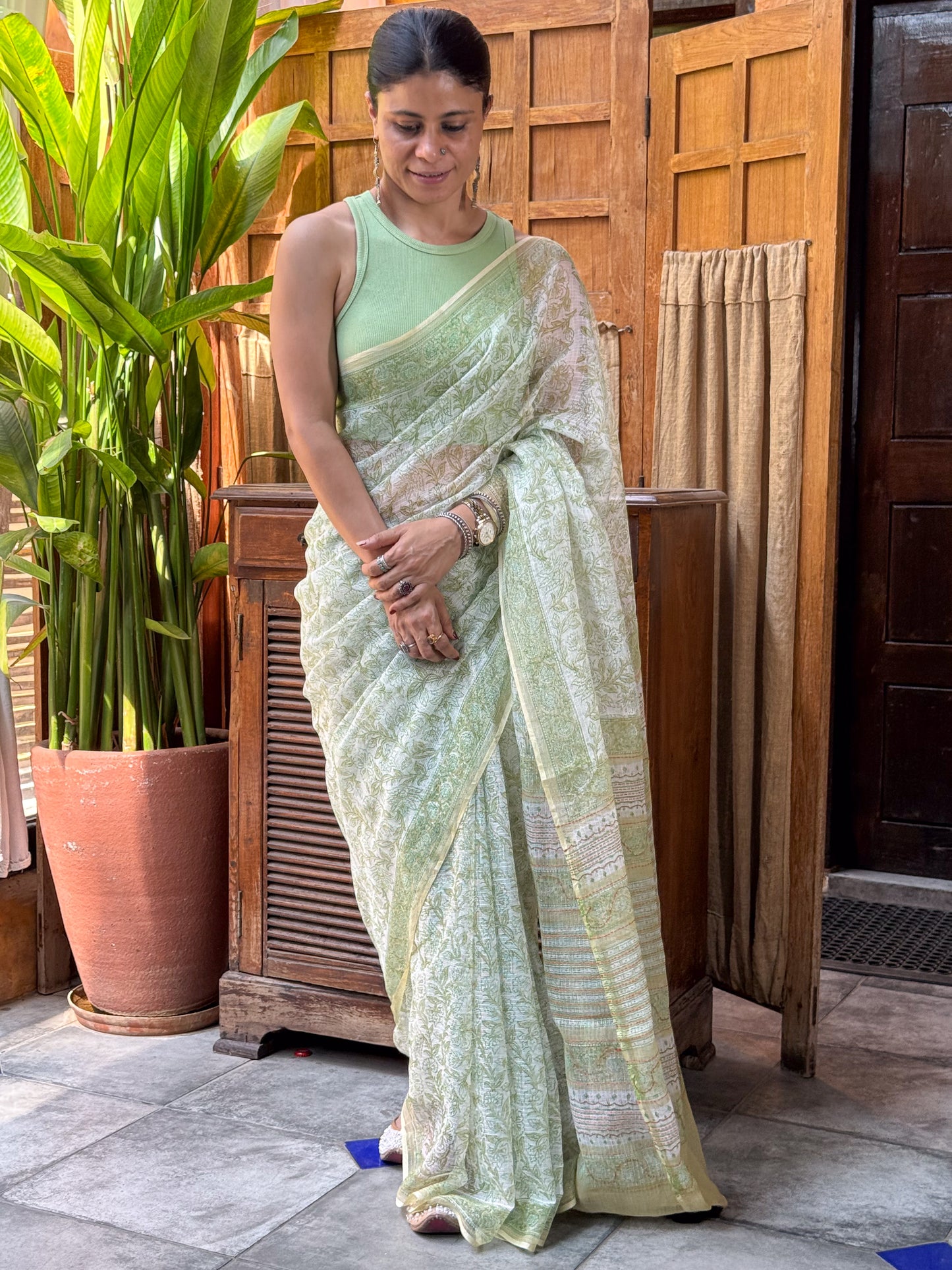 Handblock Printed Kota Dorai Saree With Hand Embroidered Running Stitch.