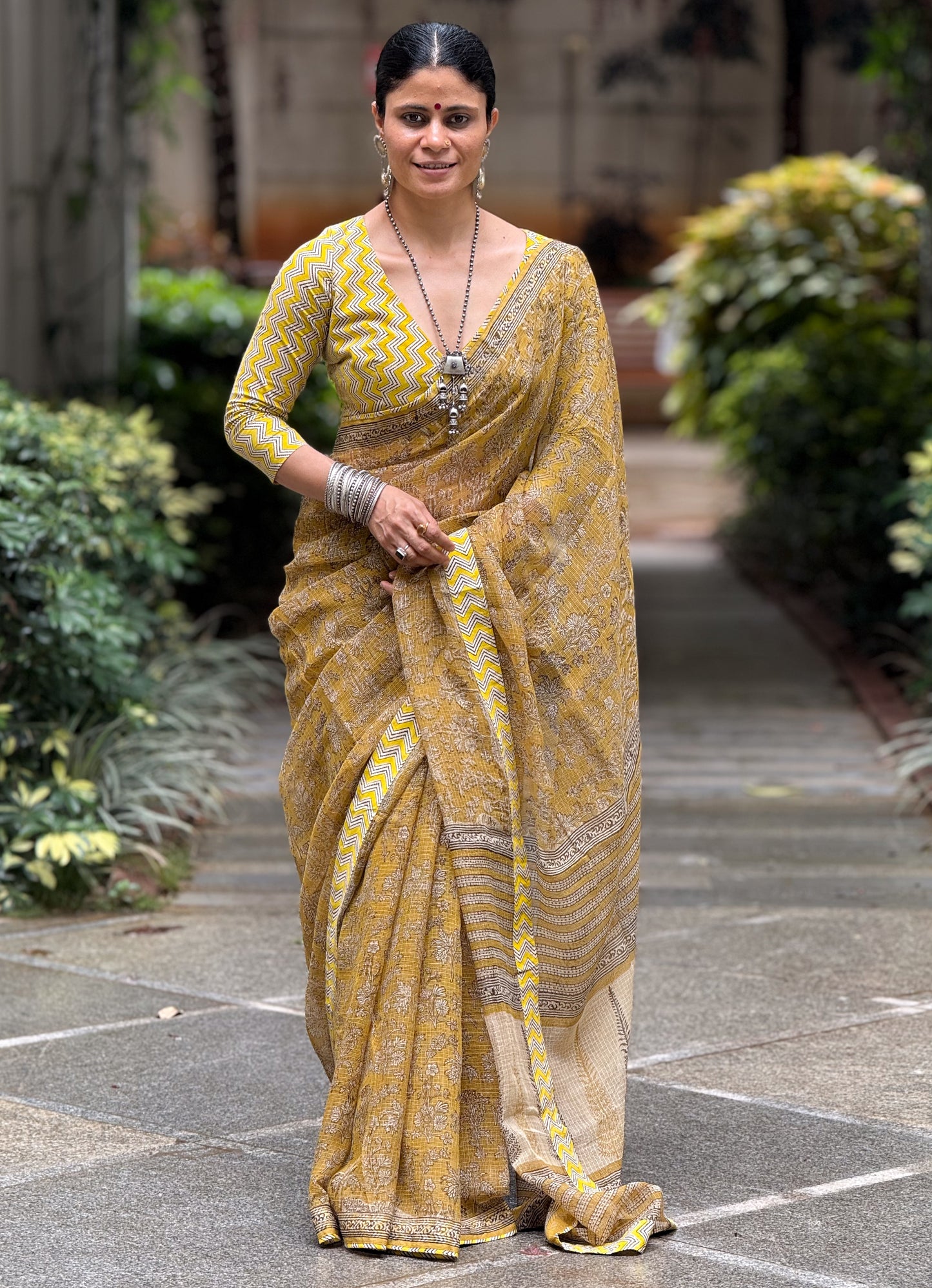 Handmade Natural Dyed Handblock Bagru / Dabu Printed Kota Doria Saree With Dabu Patch Border.
