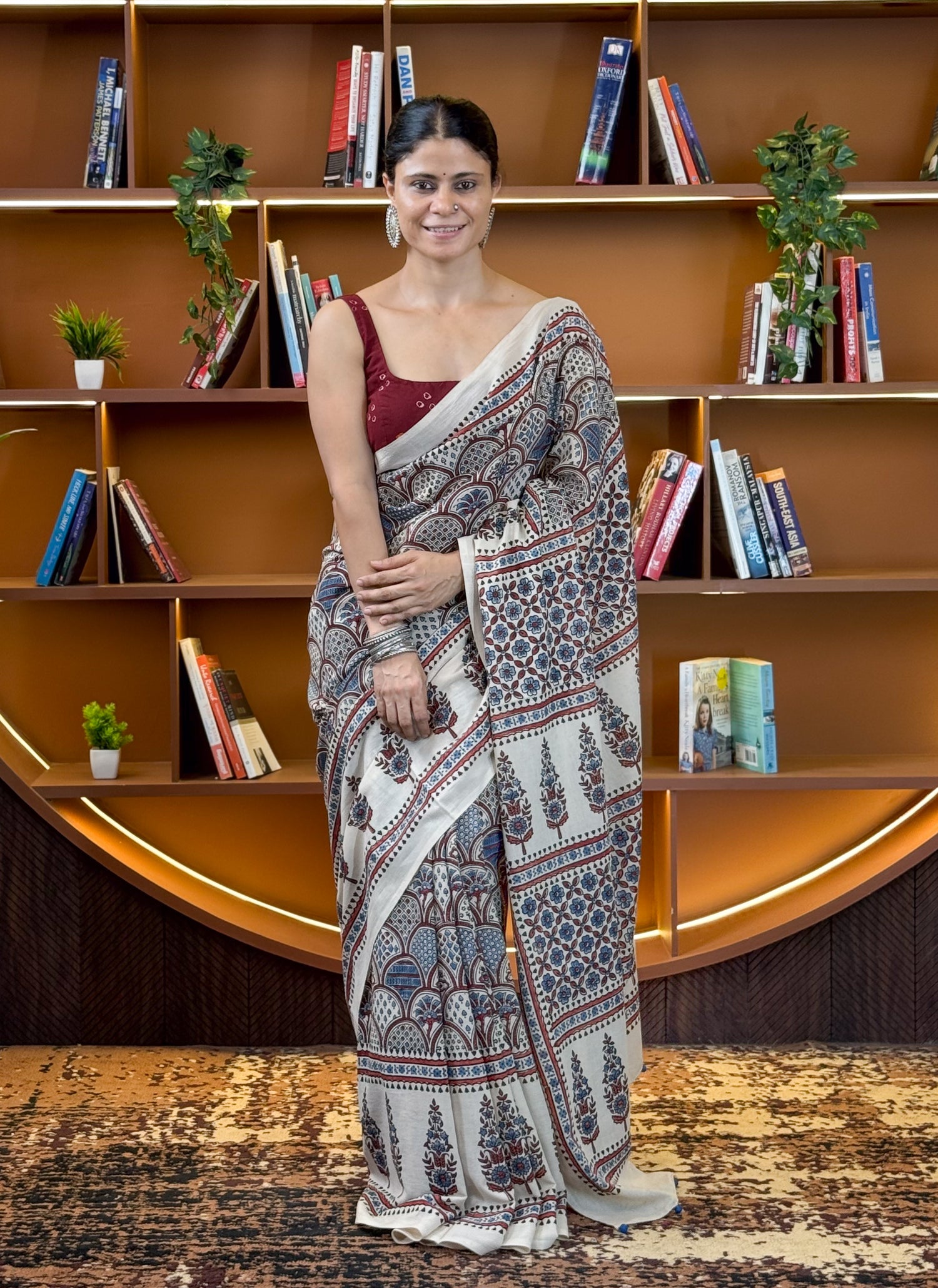Handmade & Handblock Printed Natural Dyed Ajrakh Mull Cotton Saree.