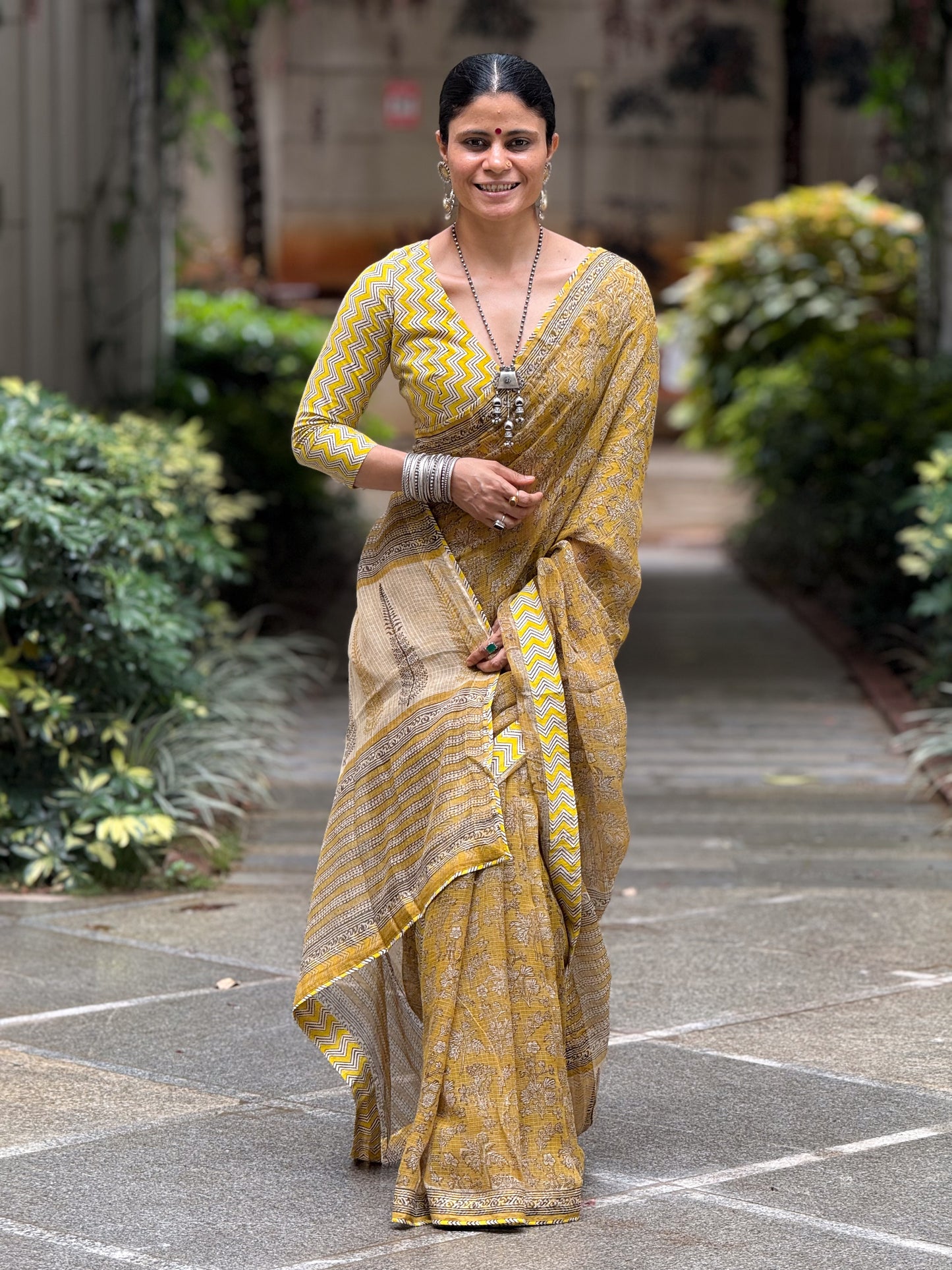 Handmade Natural Dyed Handblock Bagru / Dabu Printed Kota Doria Saree With Dabu Patch Border.