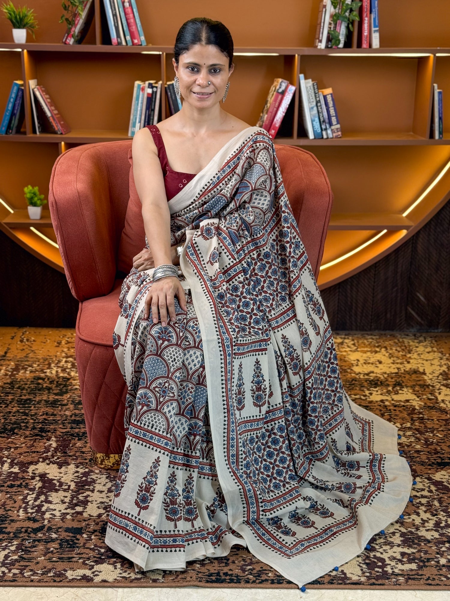 Handmade & Handblock Printed Natural Dyed Ajrakh Mull Cotton Saree.