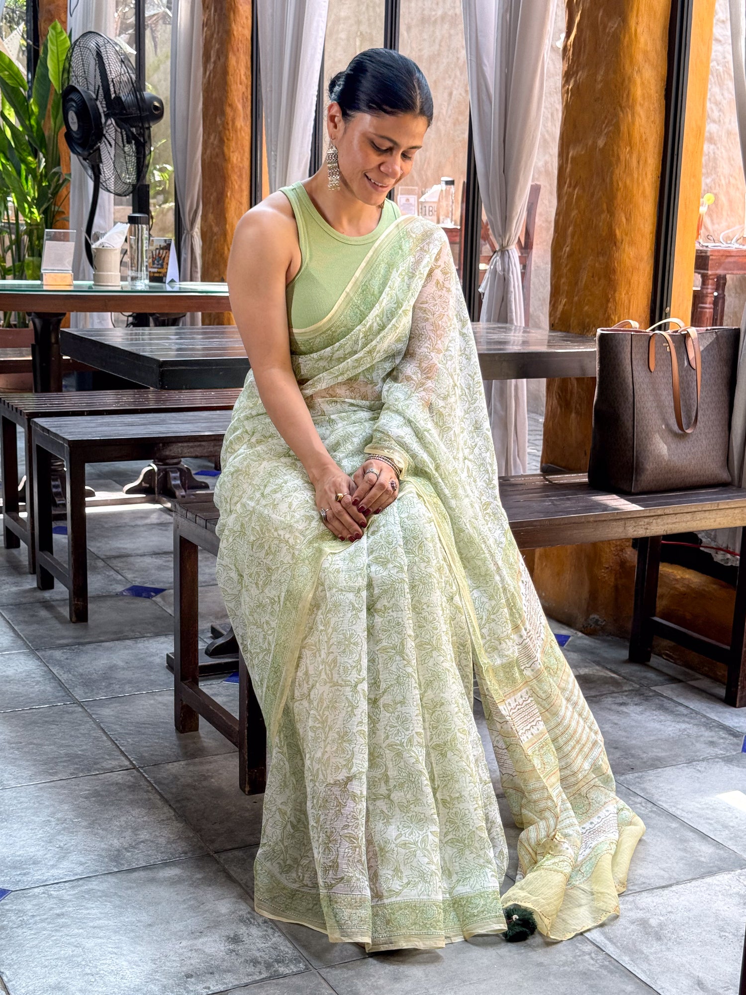 Handblock Printed Kota Dorai Saree With Hand Embroidered Running Stitch.