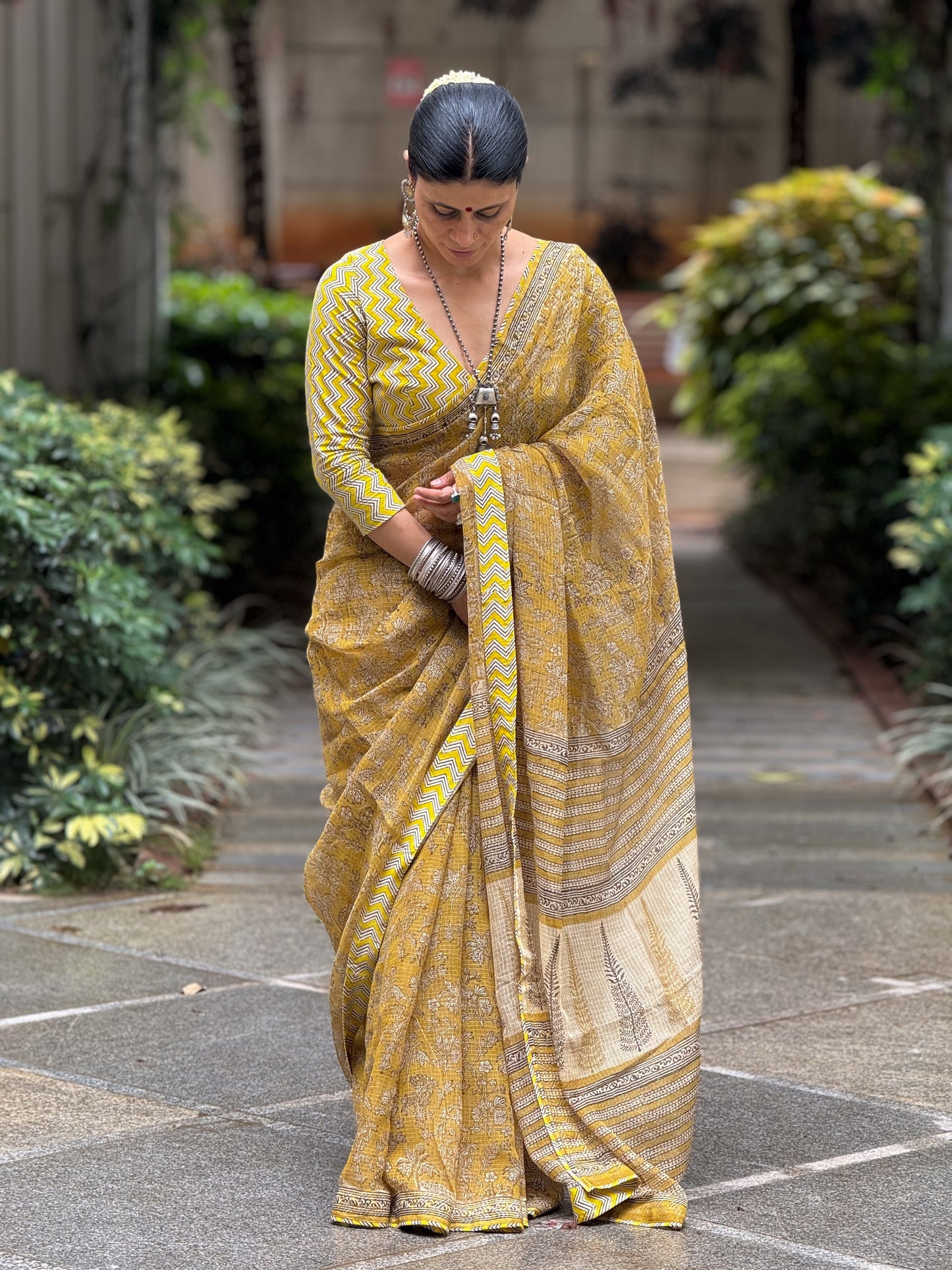Handmade Natural Dyed Handblock Bagru / Dabu Printed Kota Doria Saree With Dabu Patch Border.