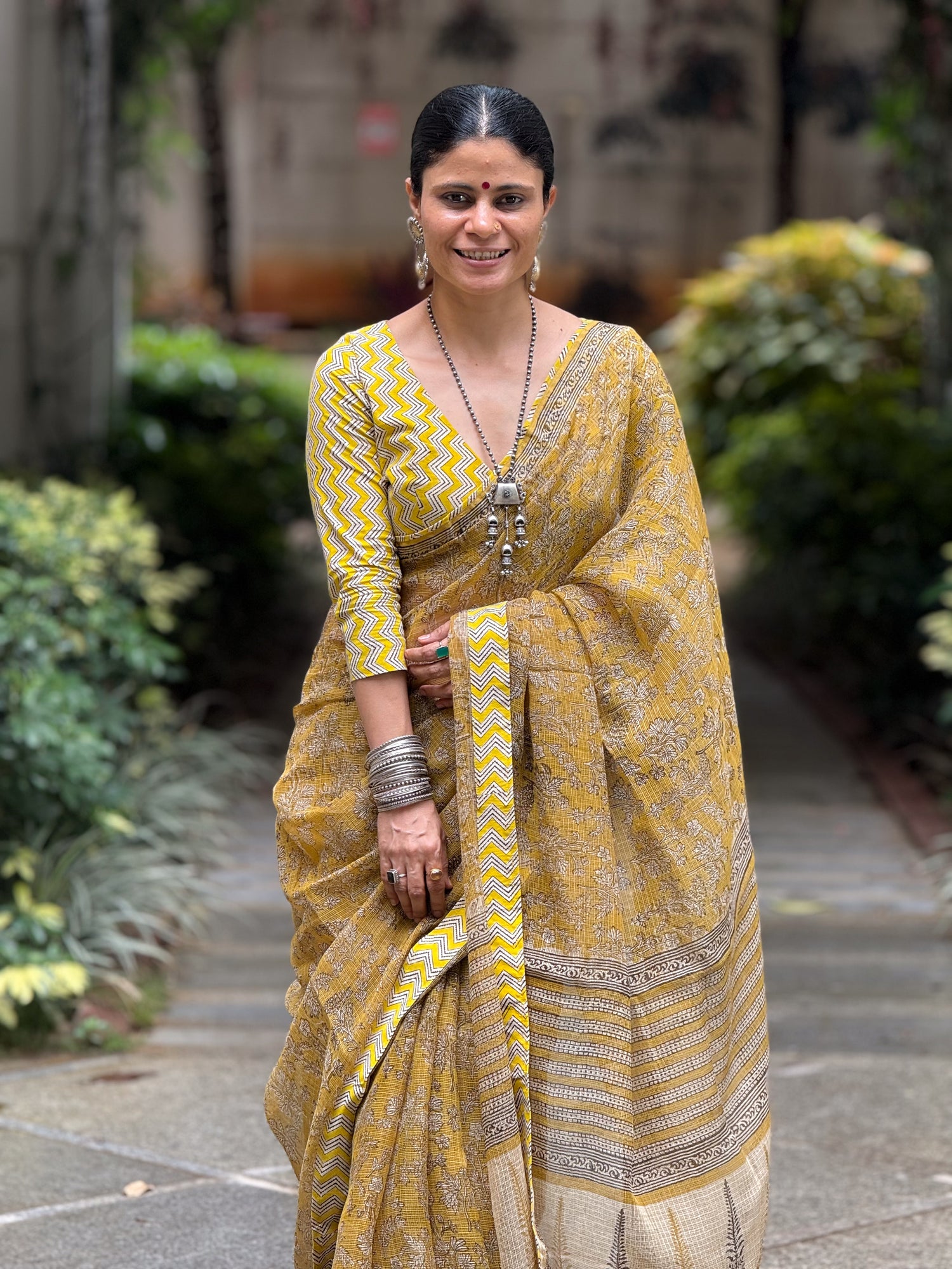 Handmade Natural Dyed Handblock Bagru / Dabu Printed Kota Doria Saree With Dabu Patch Border.