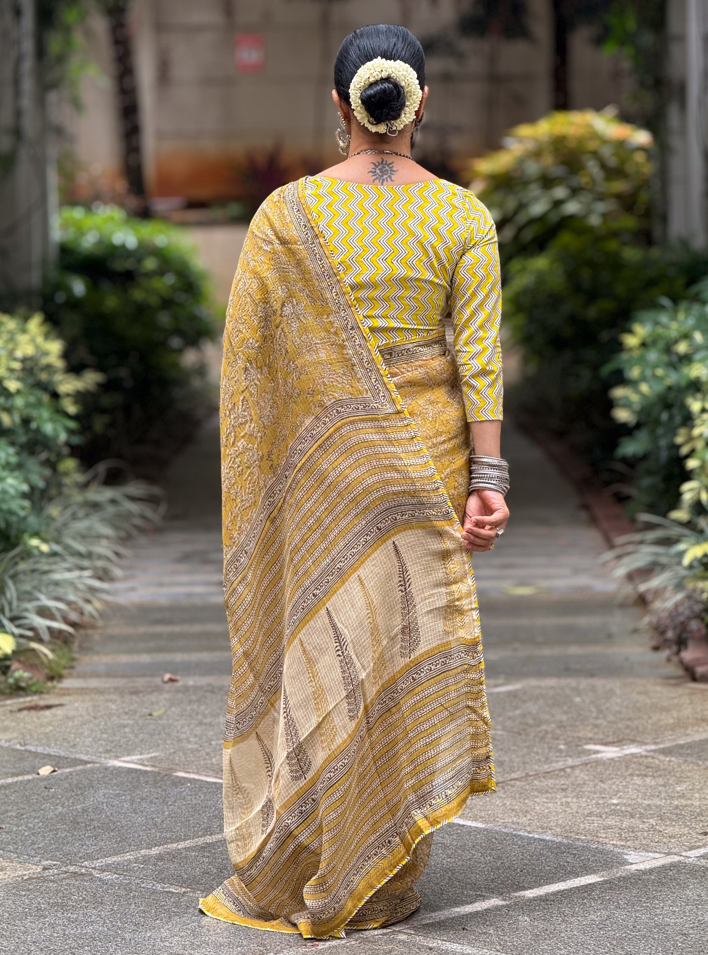 Handmade Natural Dyed Handblock Bagru / Dabu Printed Kota Doria Saree With Dabu Patch Border.